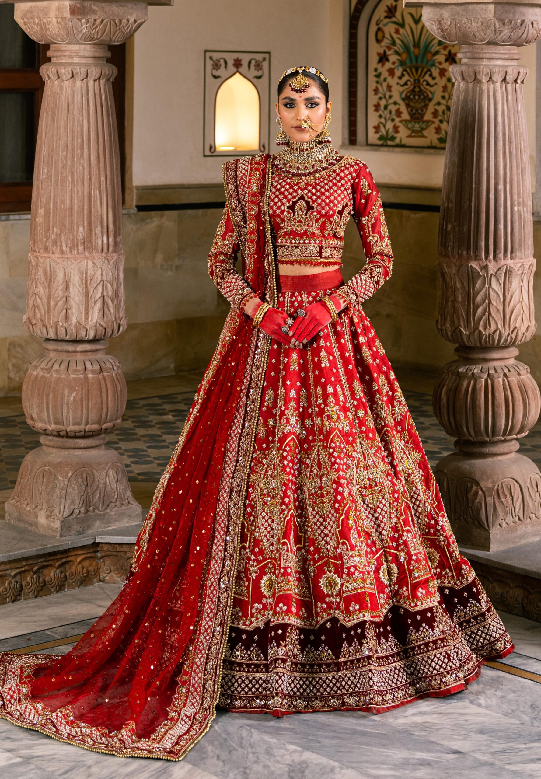 Pakistani Deep Red Embellished Silk Bridal Lehenga (3-Piece) - Image 2
