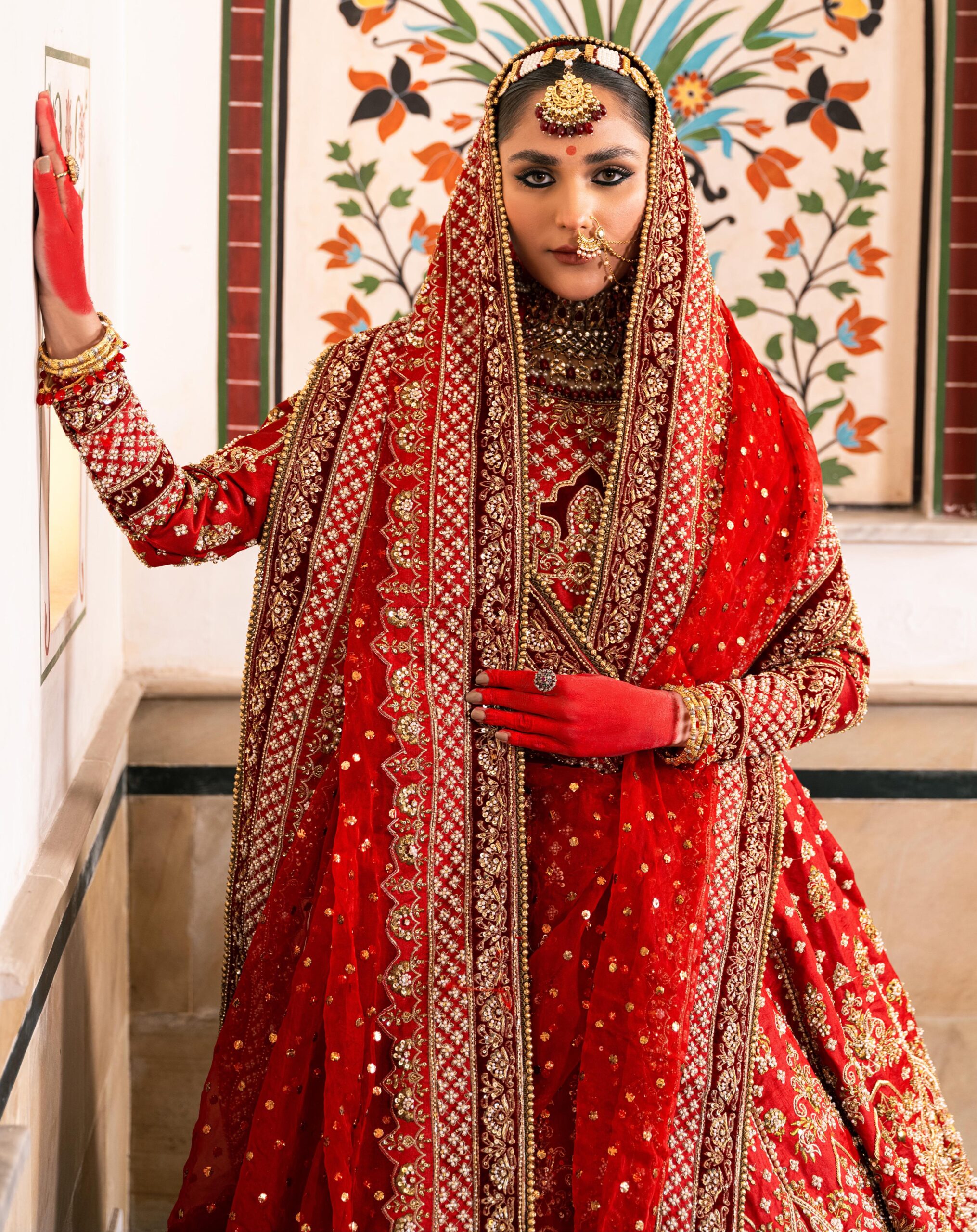 Pakistani Deep Red Embellished Silk Bridal Lehenga (3-Piece) - Image 3