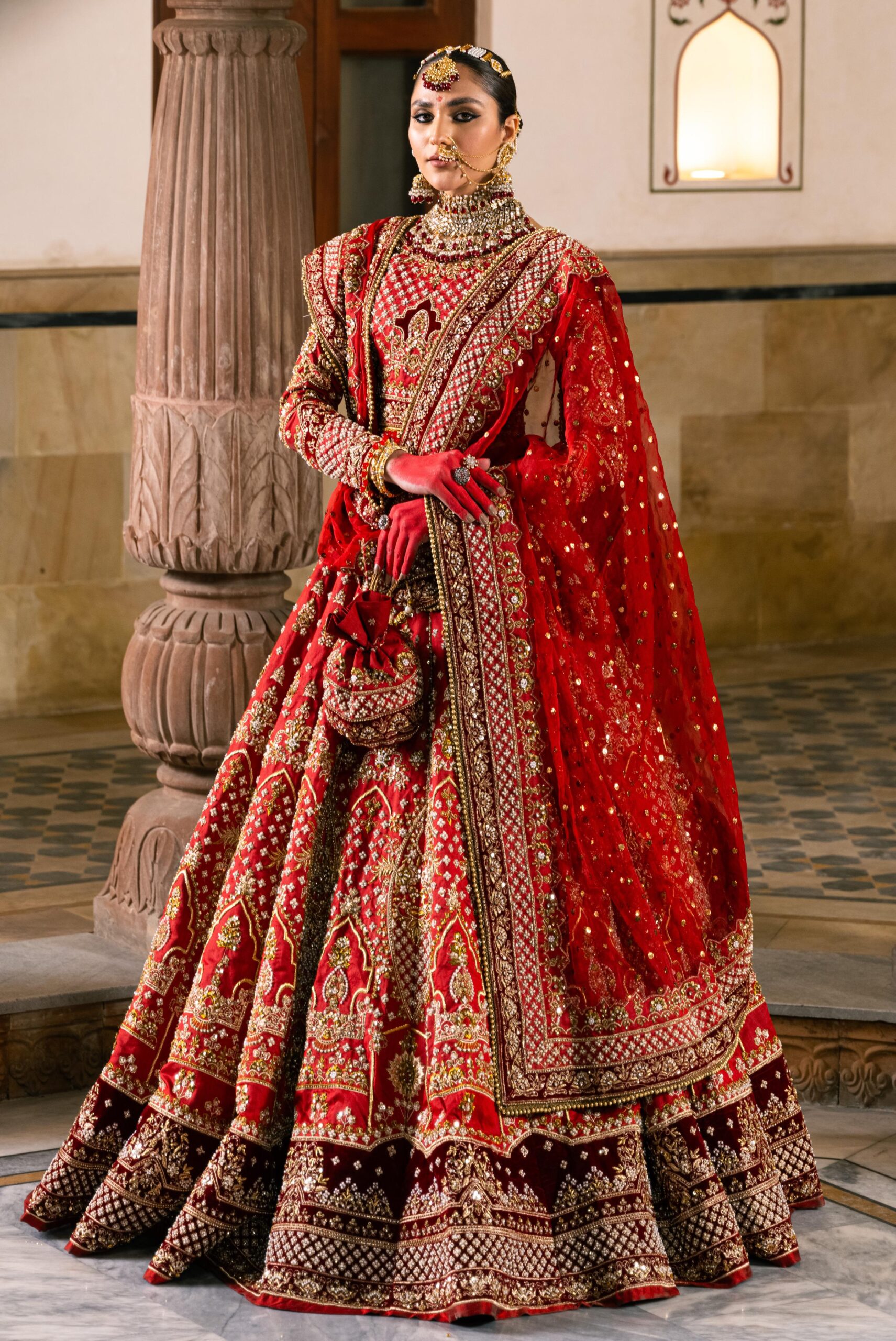 Pakistani Deep Red Embellished Silk Bridal Lehenga (3-Piece) - Image 4