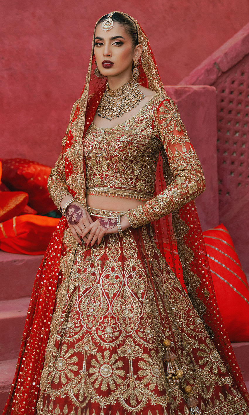 Pakistani Garnet Zari & Sequin Silk Bridal Lehnga (3-Piece) - Image 1