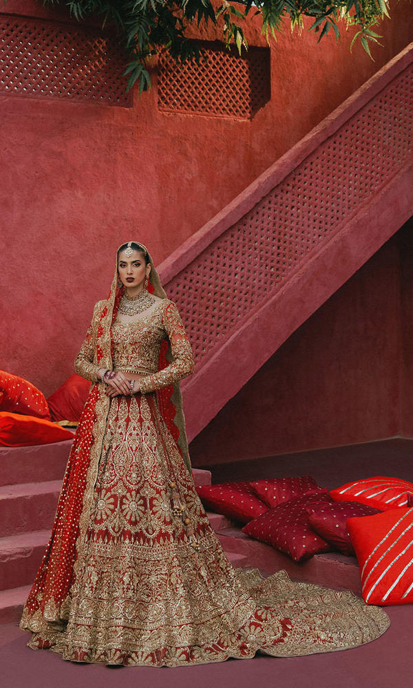 Pakistani Garnet Zari & Sequin Silk Bridal Lehnga (3-Piece) - Image 3