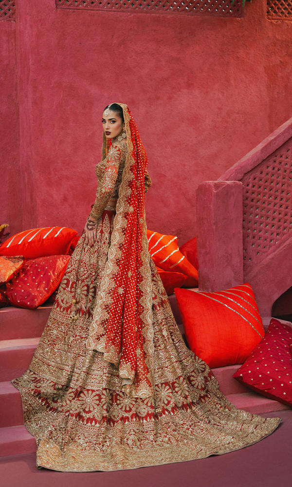 Pakistani Garnet Zari & Sequin Silk Bridal Lehnga (3-Piece) - Image 4