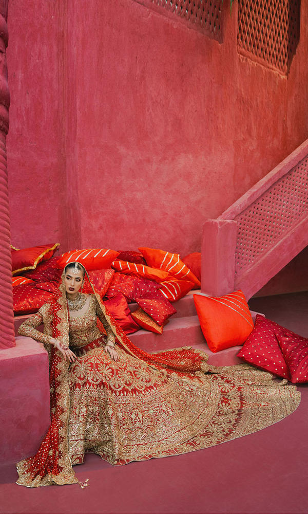 Pakistani Garnet Zari & Sequin Silk Bridal Lehnga (3-Piece) - Image 5