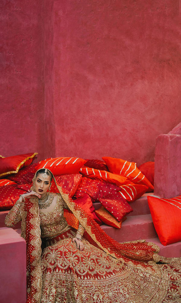 Pakistani Garnet Zari & Sequin Silk Bridal Lehnga (3-Piece) - Image 6