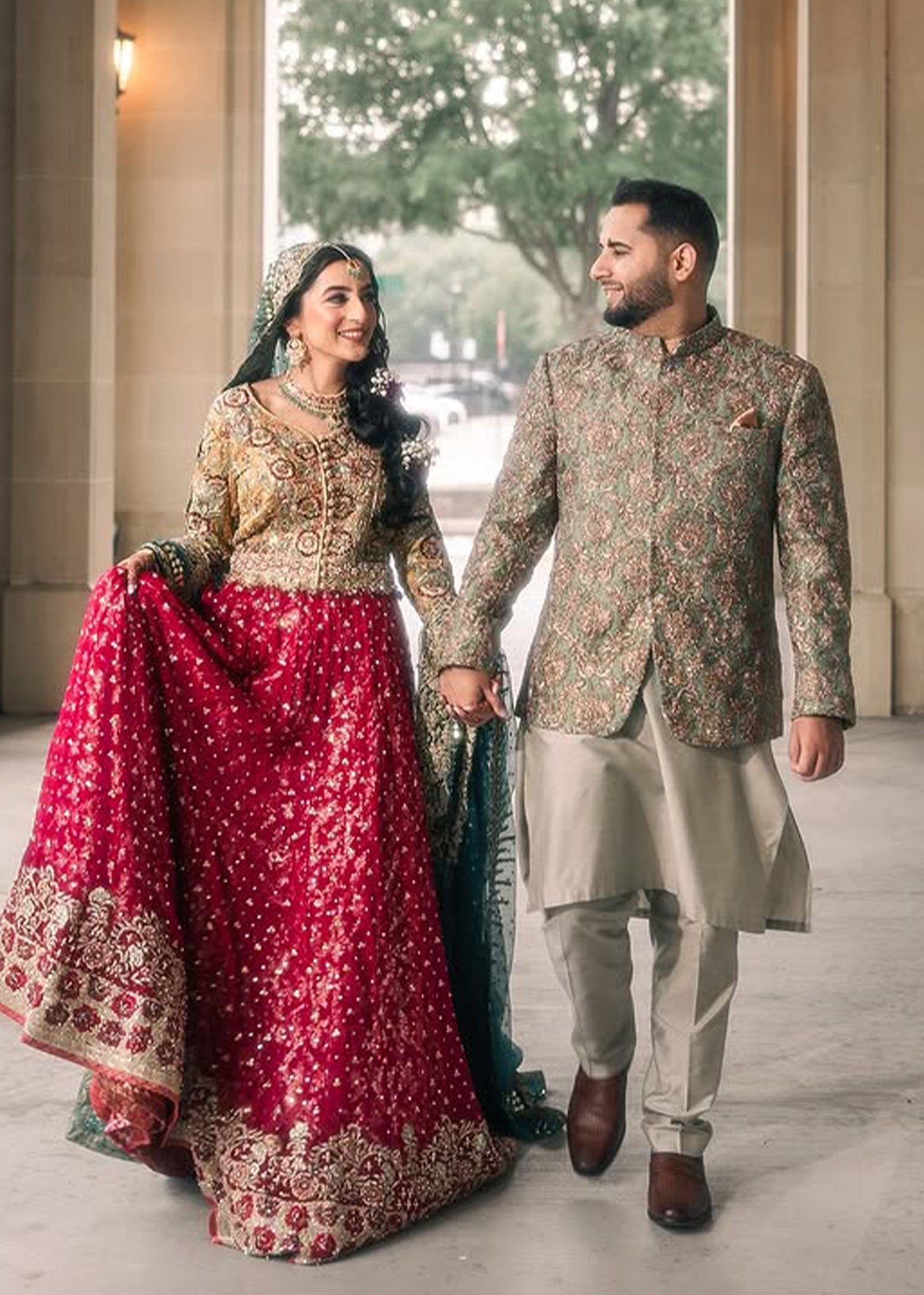 Deep Red Gold Embroidered Silk Bridal Lehenga (3-Piece) - Image 1