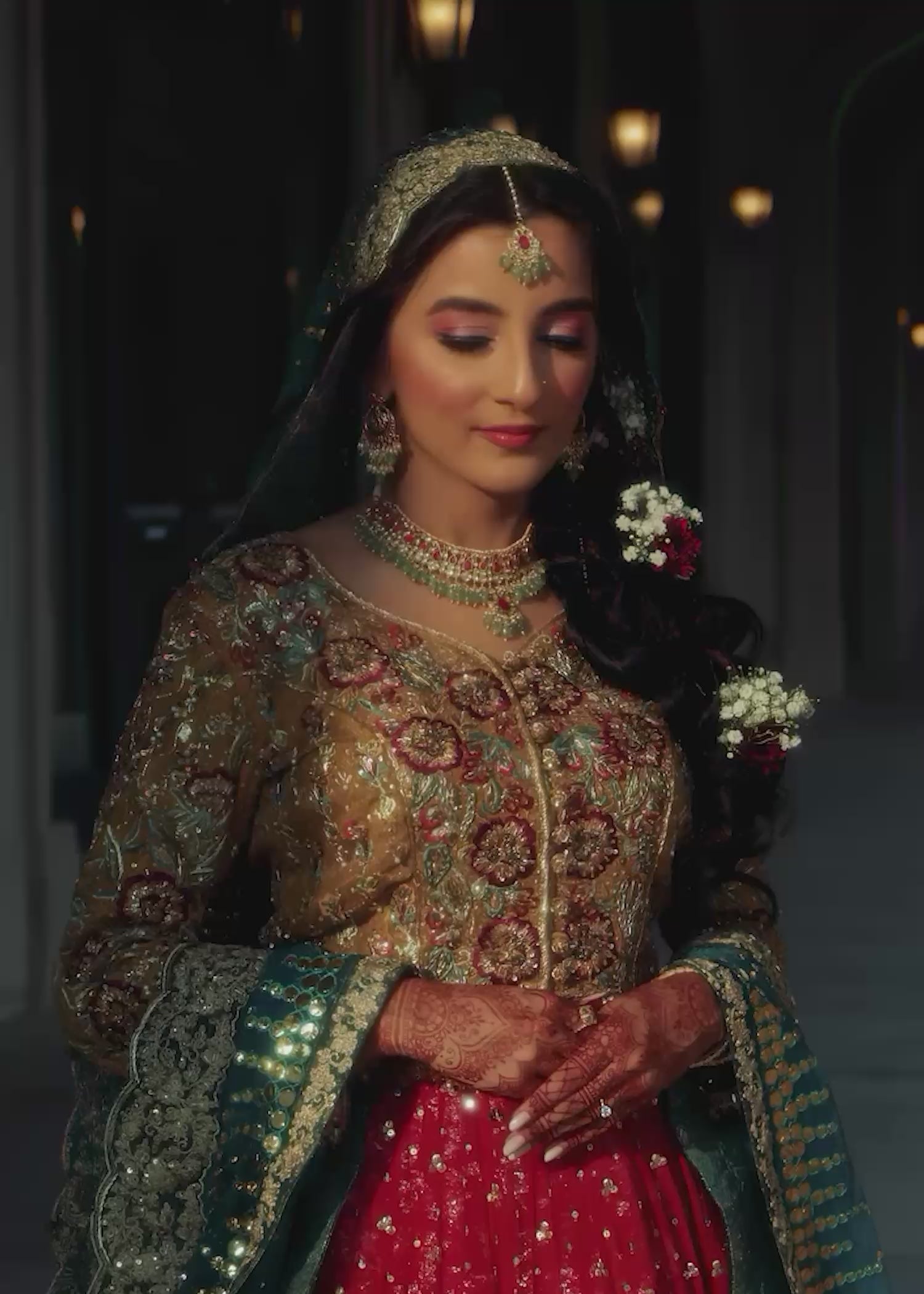 Deep Red Gold Embroidered Silk Bridal Lehenga (3-Piece) - Image 2