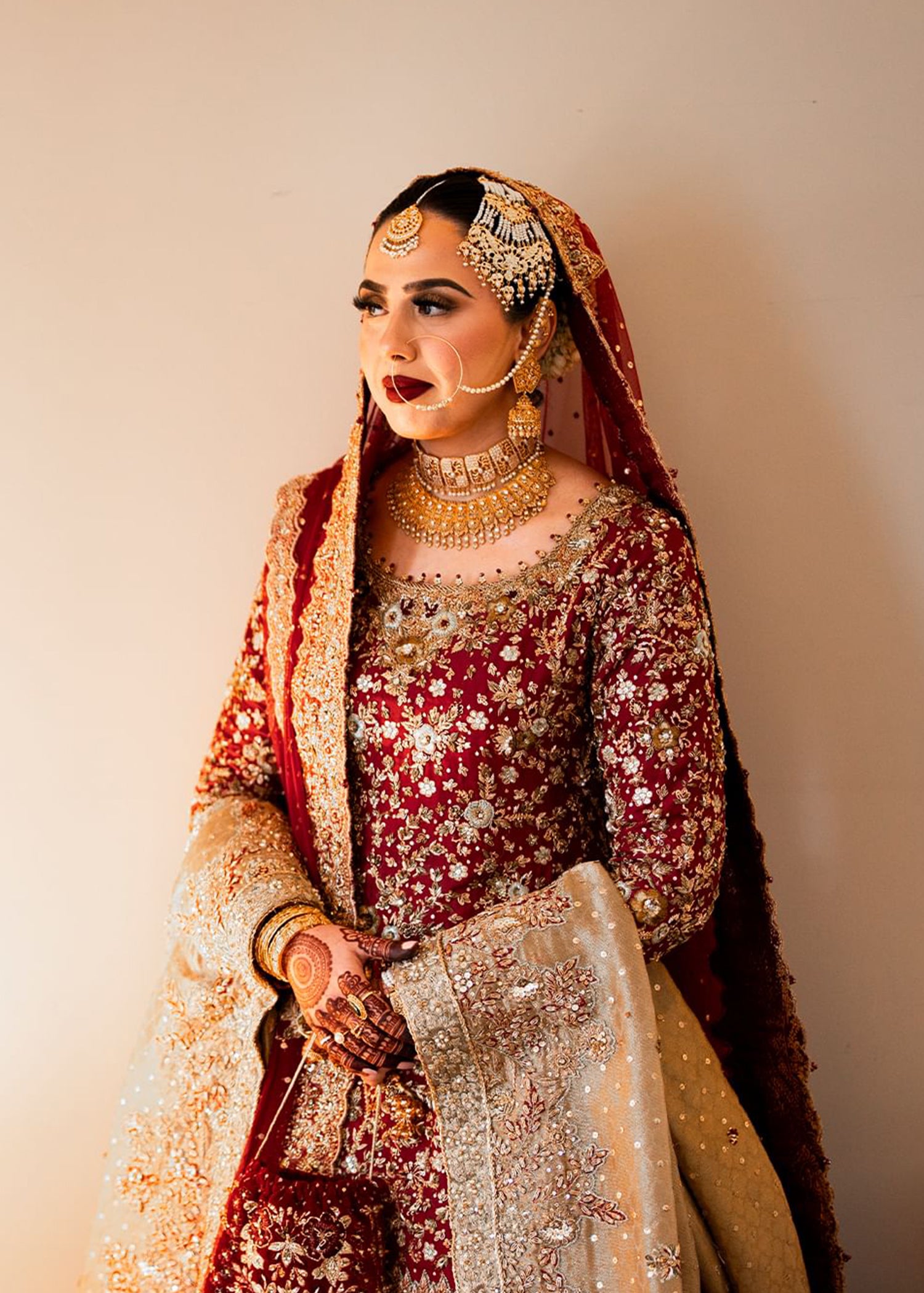 Deep Red Embroidered Silk Bridal Lehenga (3-Piece) - Image 2