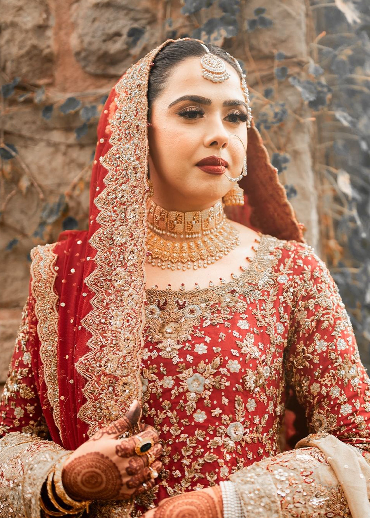 Deep Red Embroidered Silk Bridal Lehenga (3-Piece) - Image 5