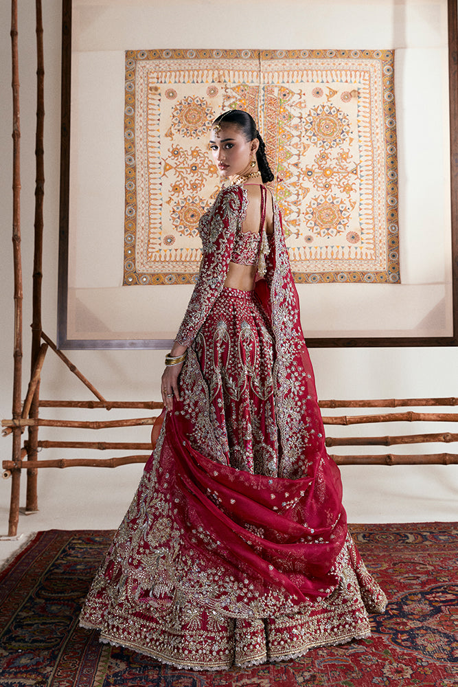 Pakistani Crimson Embroidered Tissue Organza Lehenga (3-Piece) - Image 3