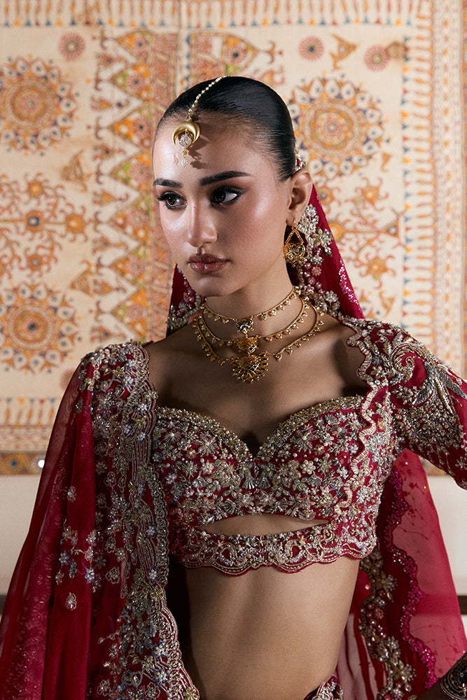Pakistani Crimson Embroidered Tissue Organza Lehenga (3-Piece) - Image 4