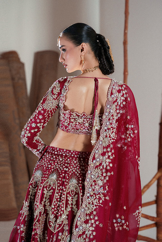 Pakistani Crimson Embroidered Tissue Organza Lehenga (3-Piece) - Image 5