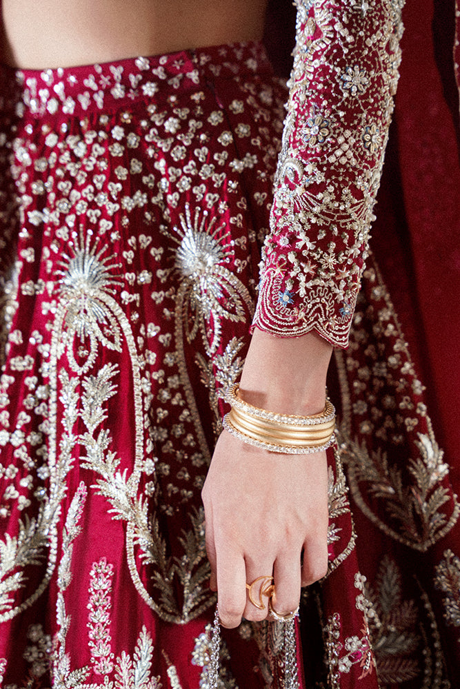 Pakistani Crimson Embroidered Tissue Organza Lehenga (3-Piece) - Image 6