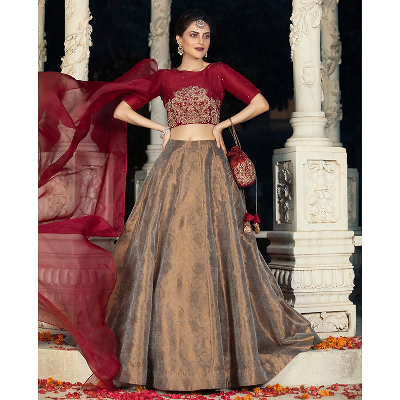 Pakistani Deep Red Embroidered Tissue Silk Lehenga Set (4-Piece) - Image 1