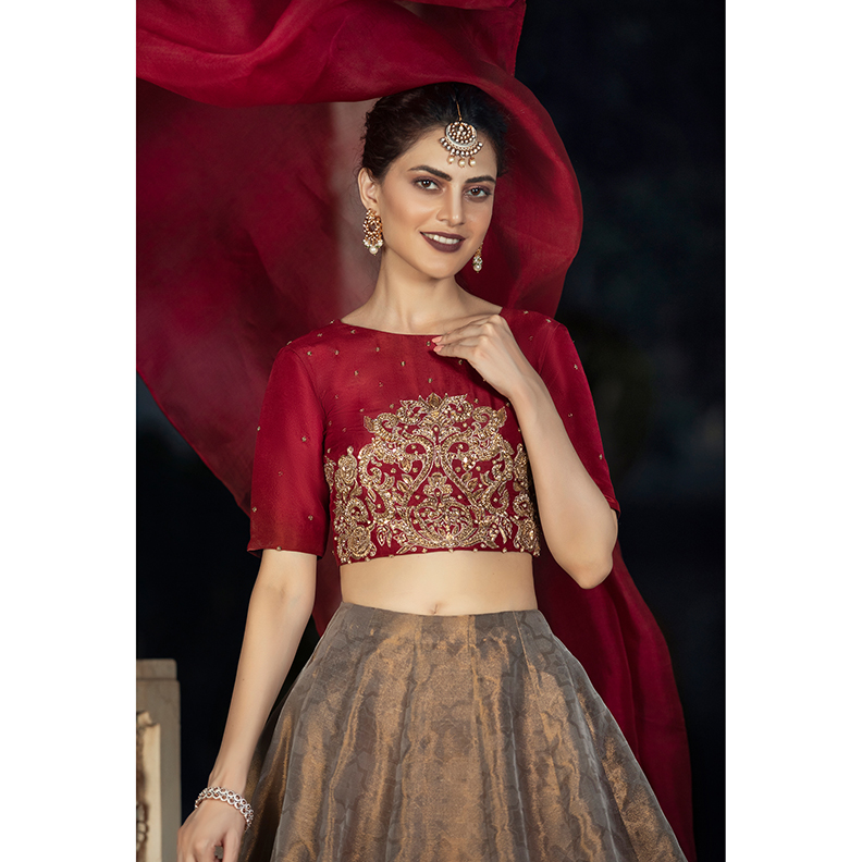 Pakistani Deep Red Embroidered Tissue Silk Lehenga Set (4-Piece) - Image 2