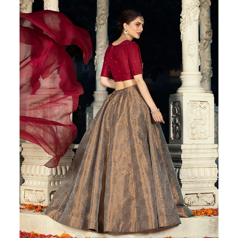 Pakistani Deep Red Embroidered Tissue Silk Lehenga Set (4-Piece) - Image 3