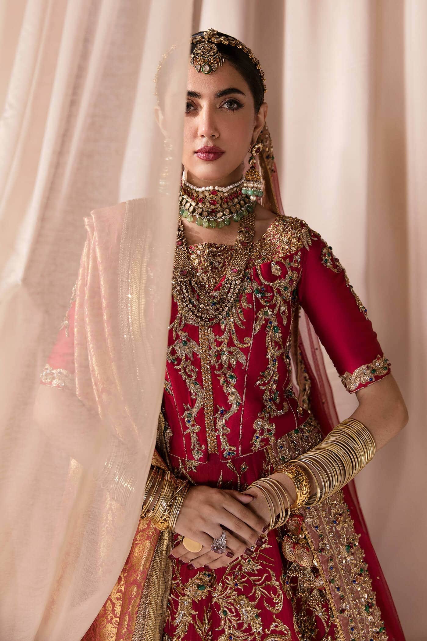 Pakistani Rich Red Zardozi Tissue Silk Lehenga Choli (3-Piece) - Image 2