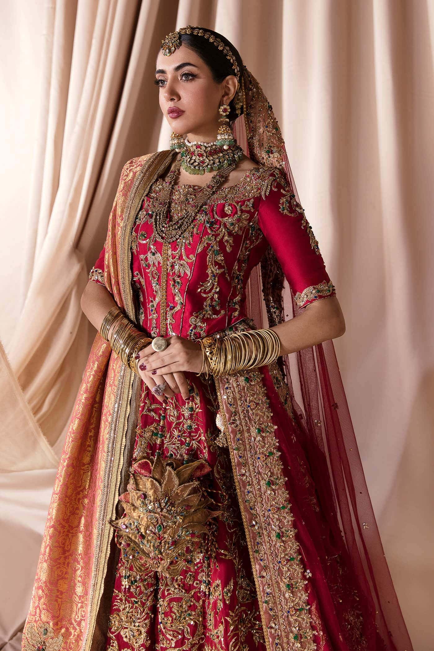 Pakistani Rich Red Zardozi Tissue Silk Lehenga Choli (3-Piece) - Image 4