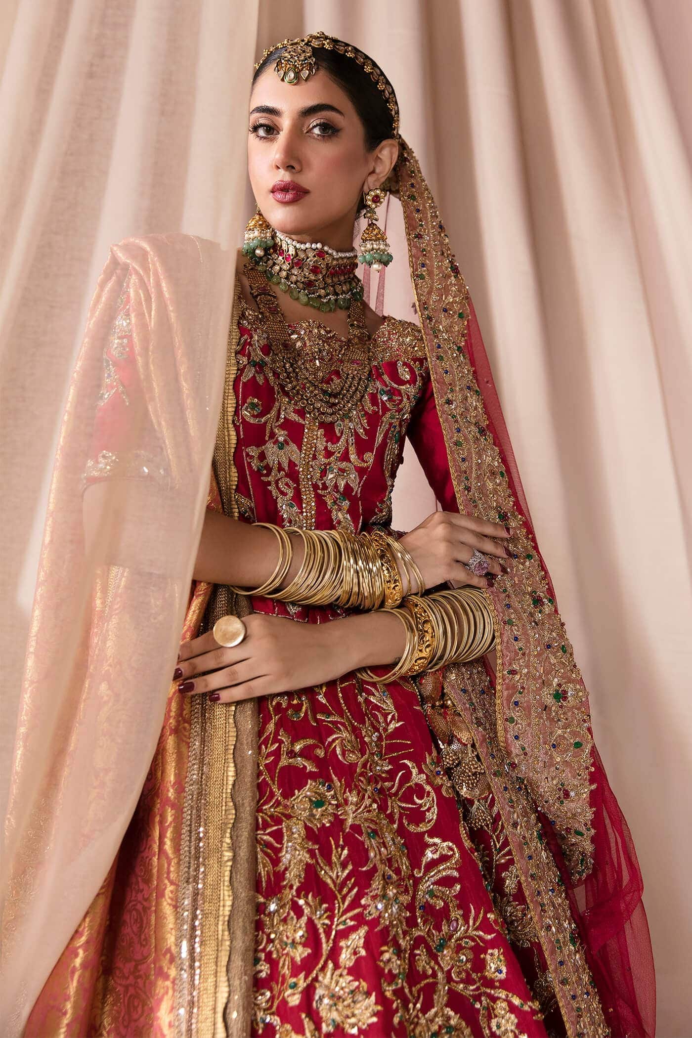 Pakistani Rich Red Zardozi Tissue Silk Lehenga Choli (3-Piece) - Image 5