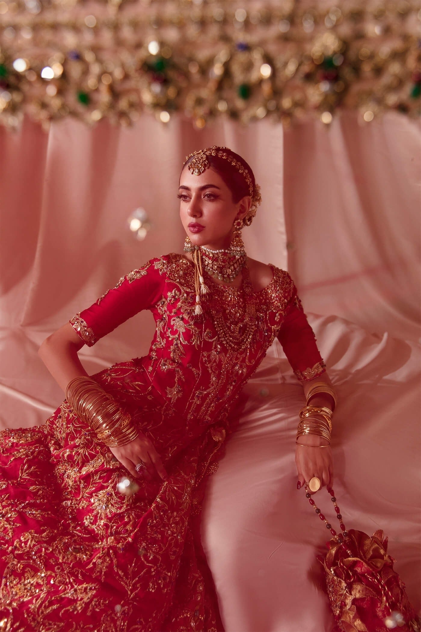 Pakistani Rich Red Zardozi Tissue Silk Lehenga Choli (3-Piece) - Image 7