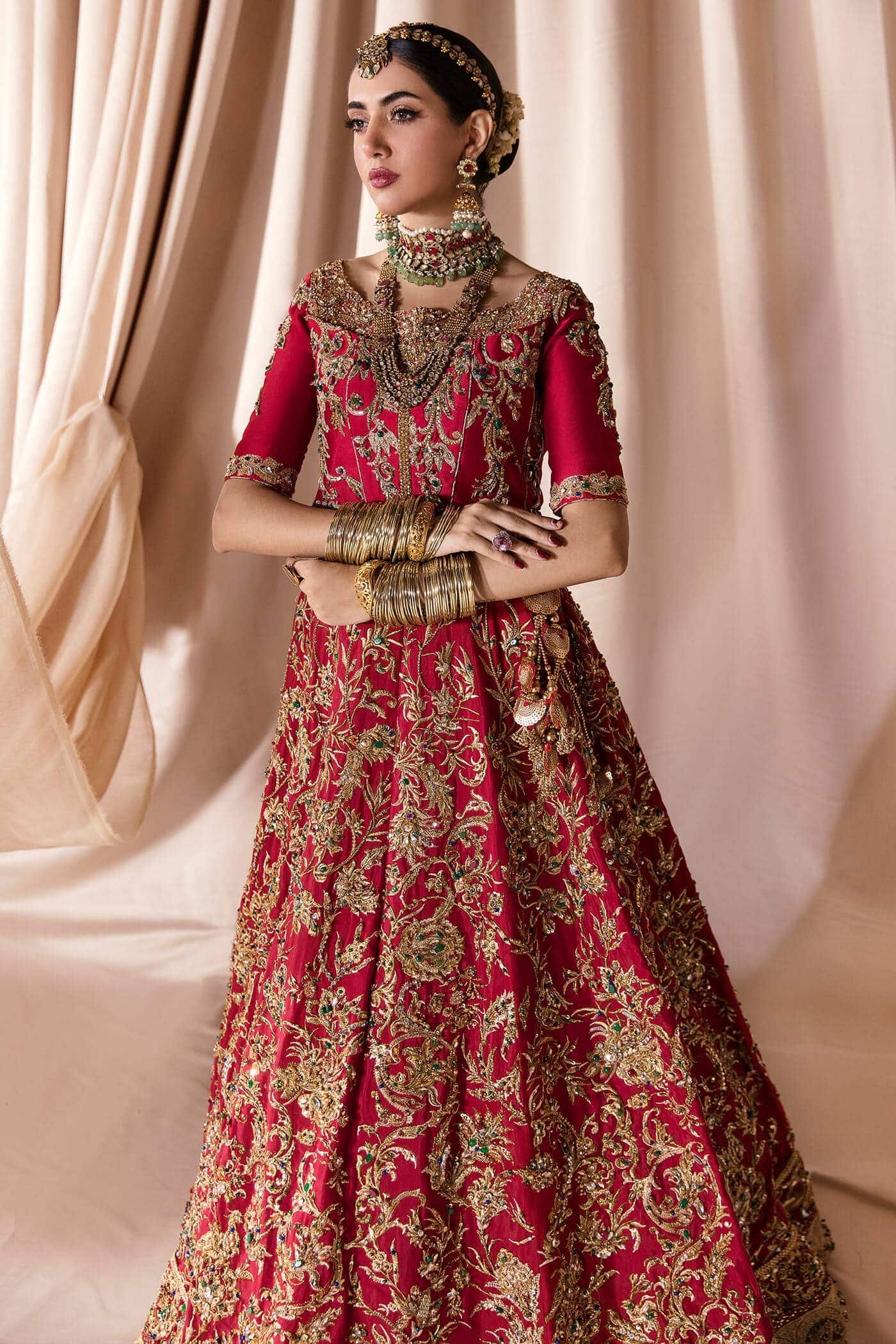Pakistani Rich Red Zardozi Tissue Silk Lehenga Choli (3-Piece) - Image 8