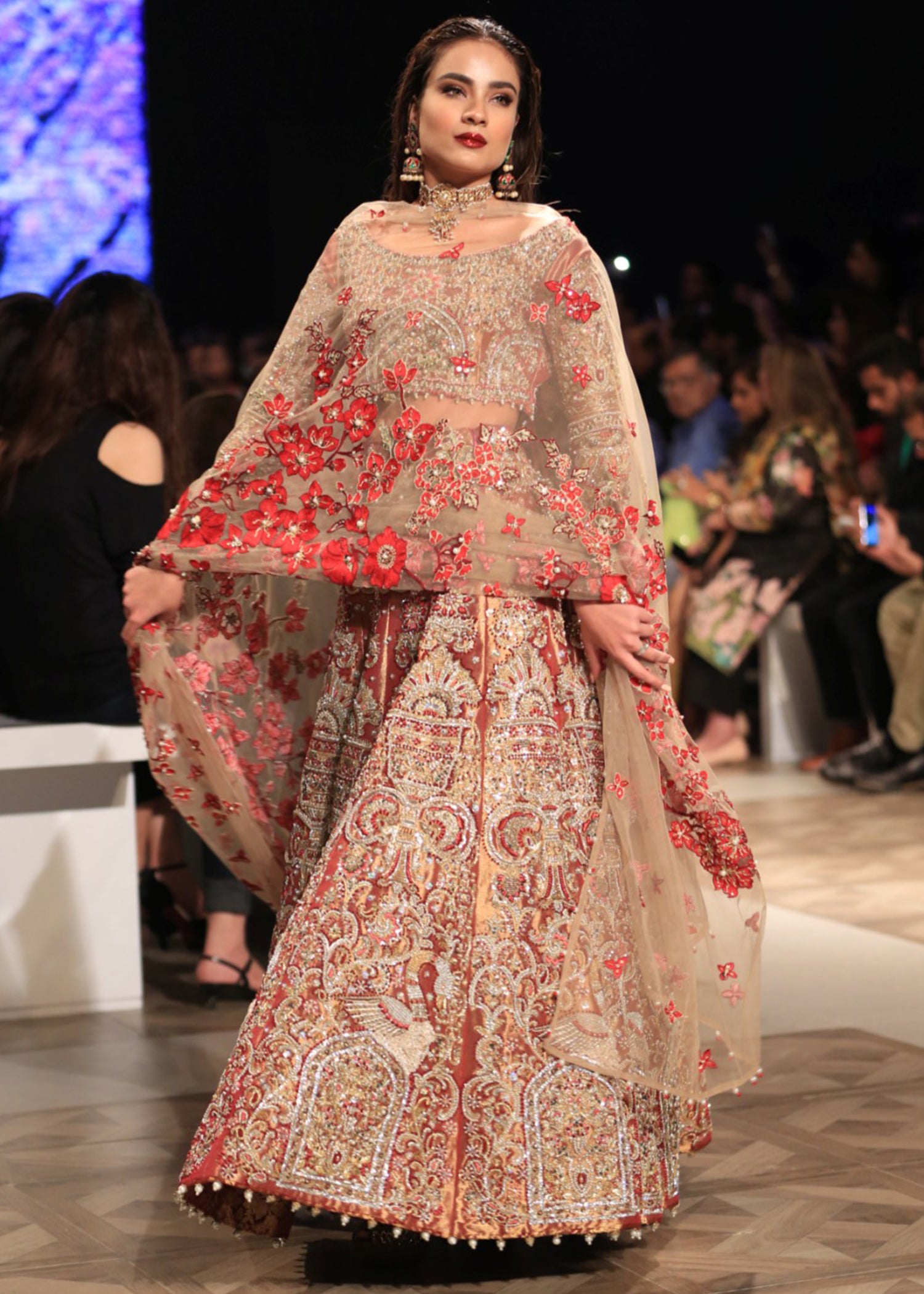 Red Embroidered Tissue Lehenga Choli (3-Piece) - Image 1