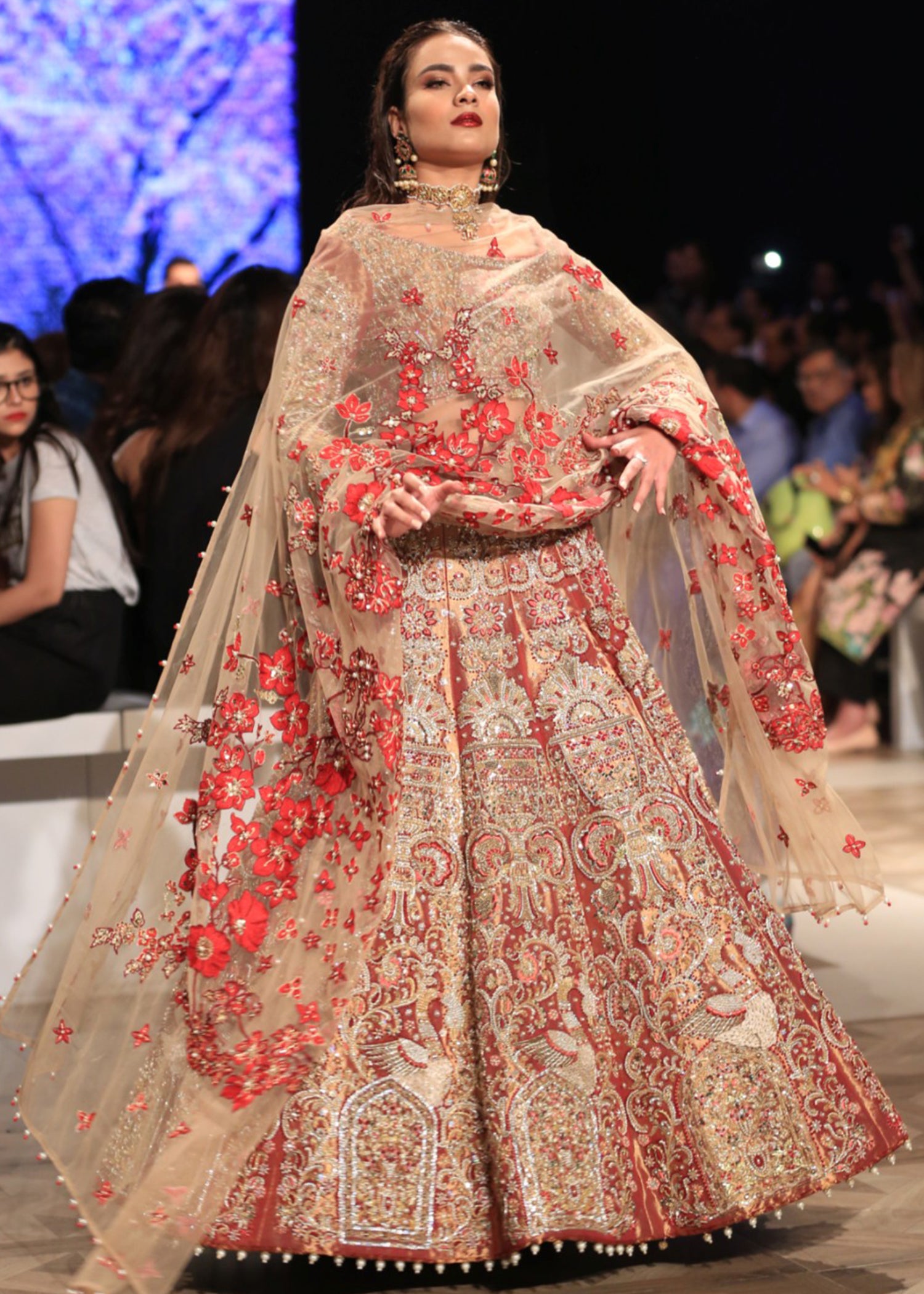 Red Embroidered Tissue Lehenga Choli (3-Piece) - Image 2