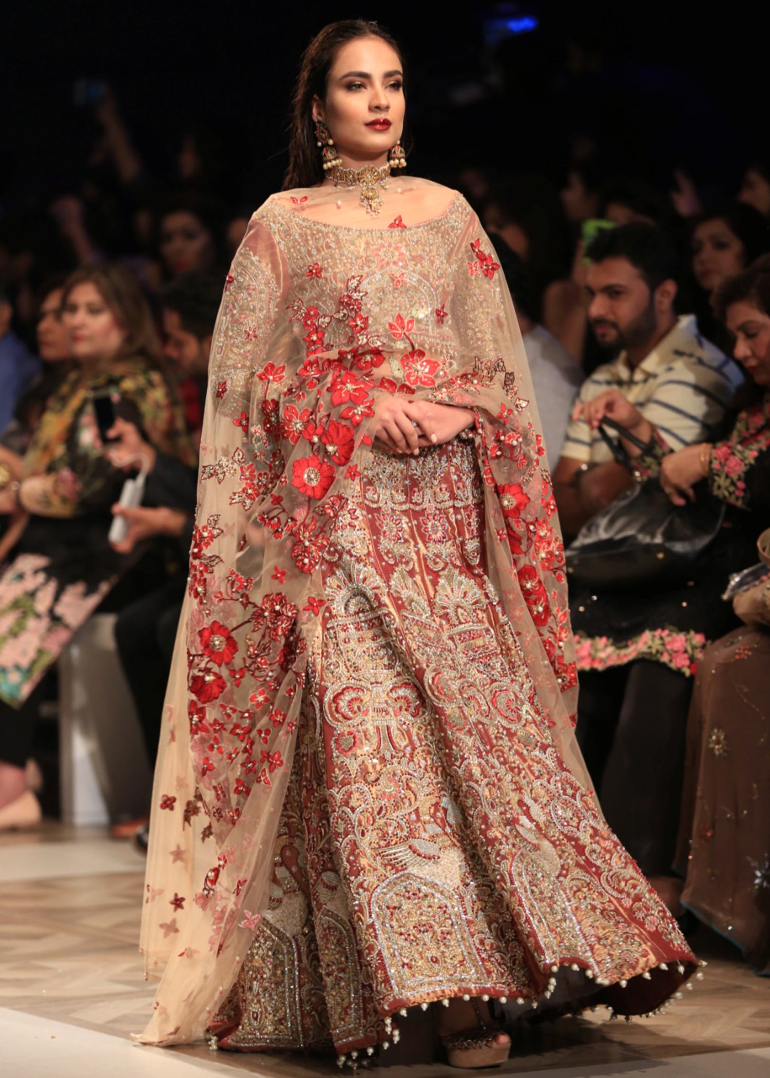 Red Embroidered Tissue Lehenga Choli (3-Piece) - Image 3