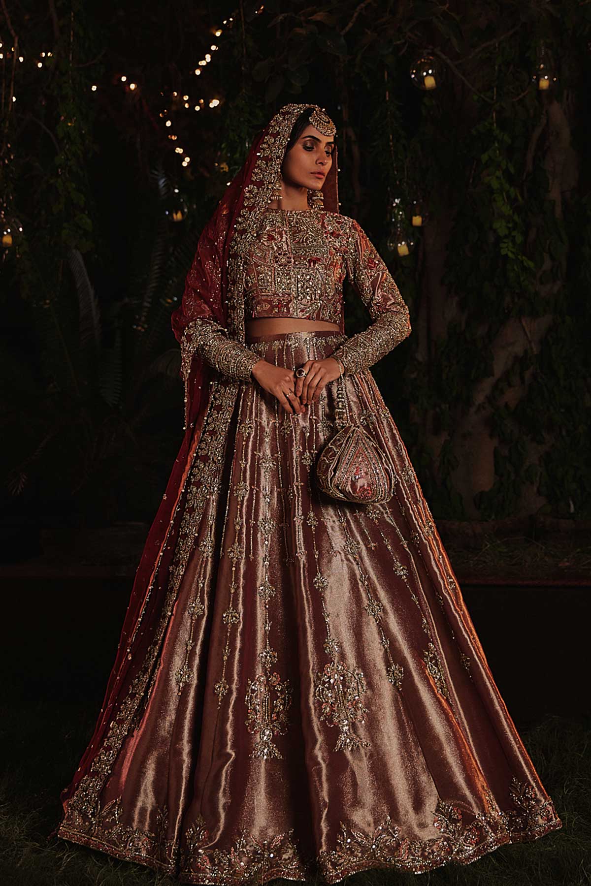 Pakistani Rust Zardozi Tissue Lehenga Choli (3-Piece) - Image 1