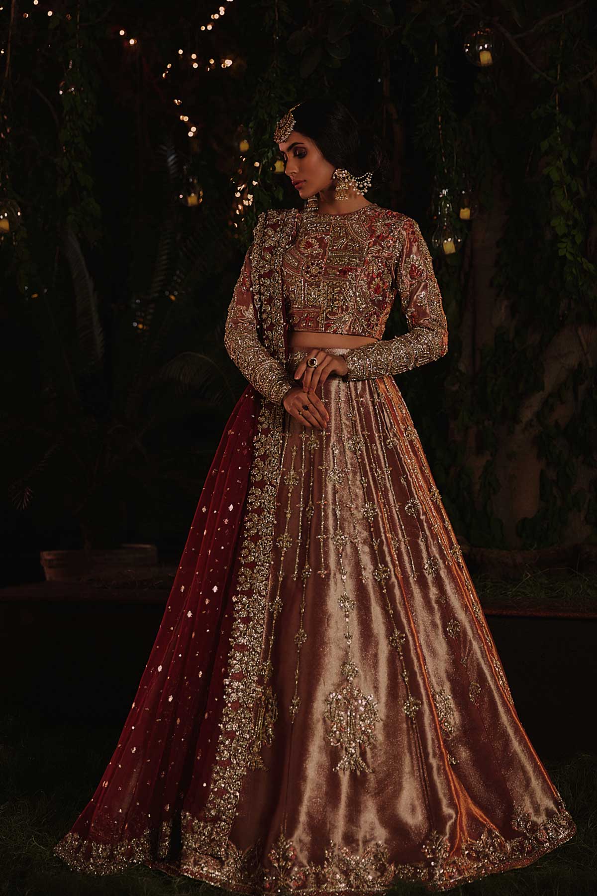 Pakistani Rust Zardozi Tissue Lehenga Choli (3-Piece) - Image 2