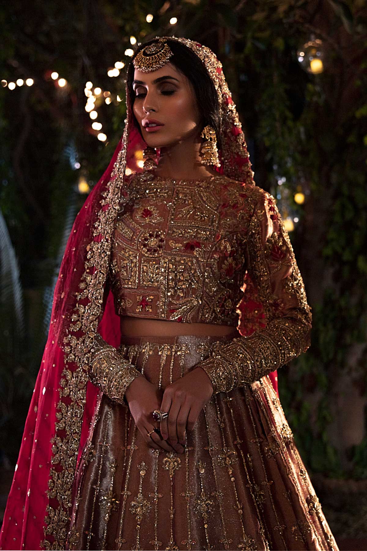 Pakistani Rust Zardozi Tissue Lehenga Choli (3-Piece) - Image 3