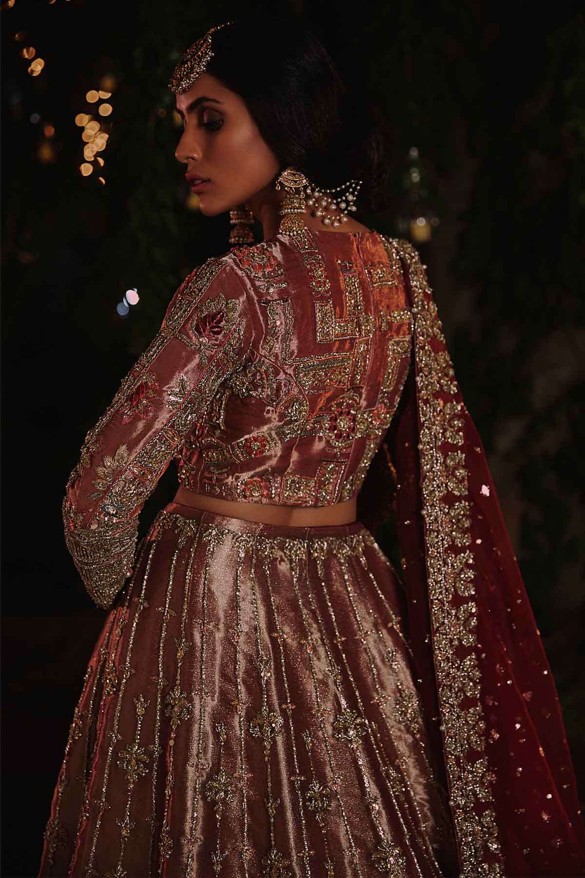 Pakistani Rust Zardozi Tissue Lehenga Choli (3-Piece) - Image 4