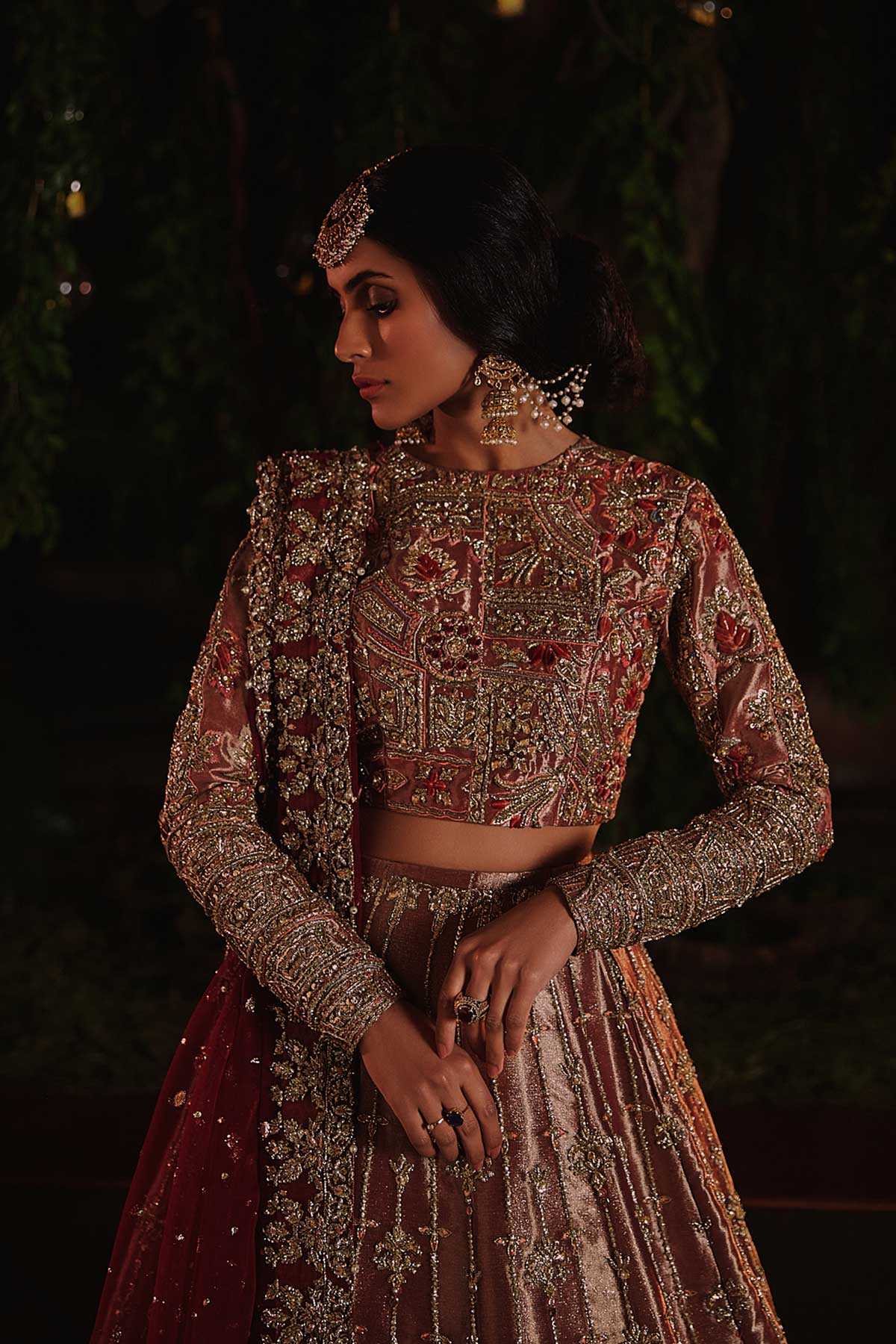 Pakistani Rust Zardozi Tissue Lehenga Choli (3-Piece) - Image 5