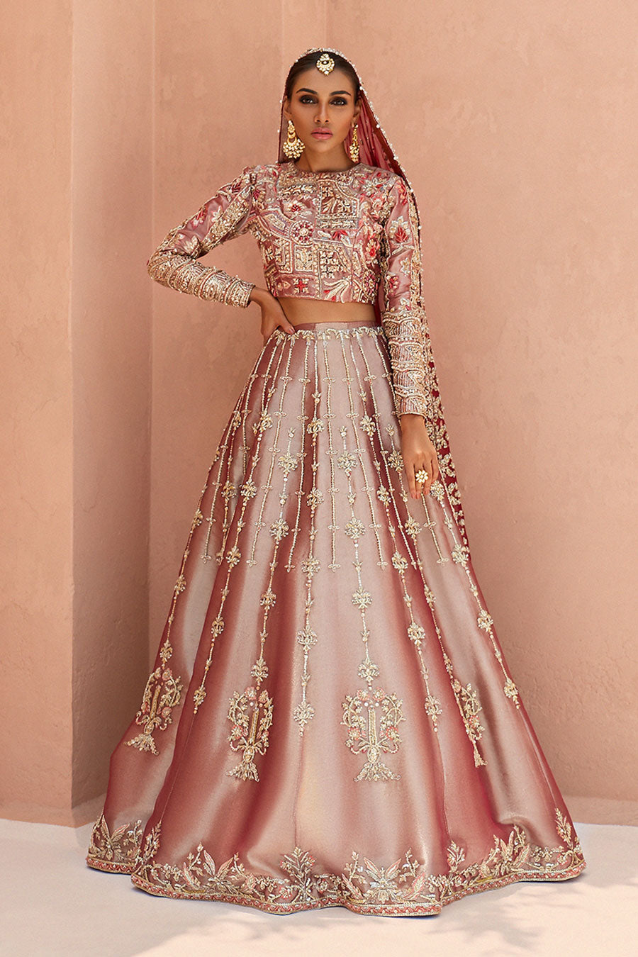 Pakistani Rust Zardozi Tissue Lehenga Choli (3-Piece) - Image 6