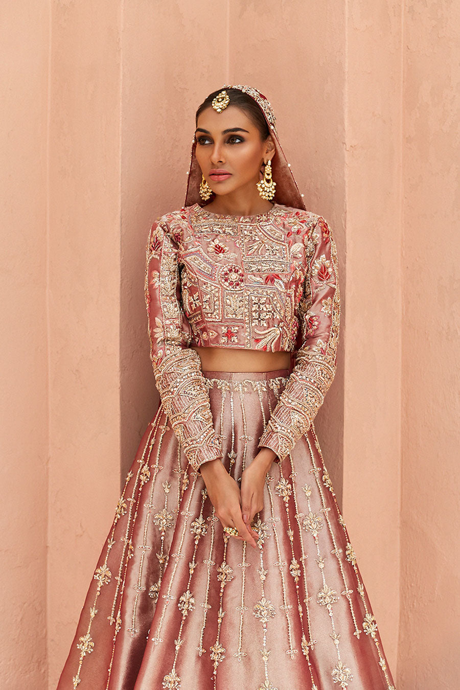 Pakistani Rust Zardozi Tissue Lehenga Choli (3-Piece) - Image 7