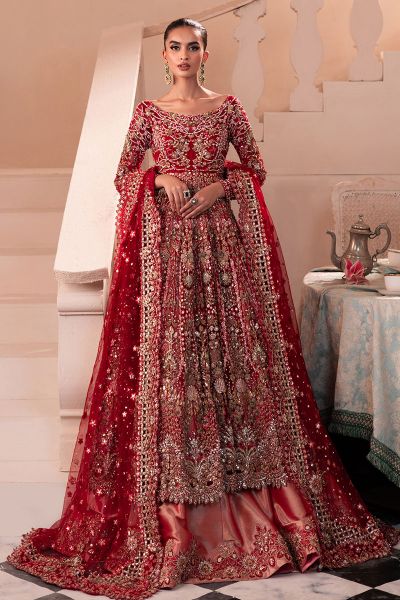 Crimson Red Embroidered Tissue Lehenga Gown (3-Piece) - Image 1