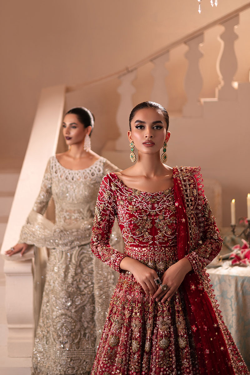 Crimson Red Embroidered Tissue Lehenga Gown (3-Piece) - Image 10