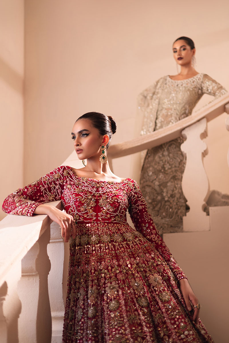 Crimson Red Embroidered Tissue Lehenga Gown (3-Piece) - Image 12