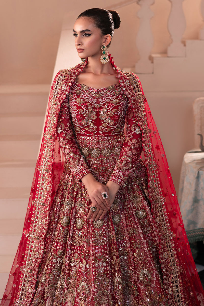 Crimson Red Embroidered Tissue Lehenga Gown (3-Piece) - Image 3