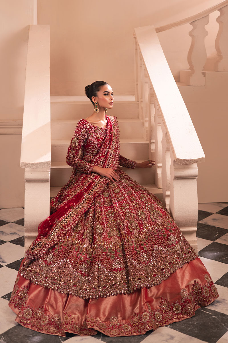 Crimson Red Embroidered Tissue Lehenga Gown (3-Piece) - Image 4