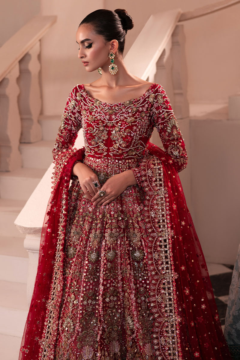 Crimson Red Embroidered Tissue Lehenga Gown (3-Piece) - Image 6