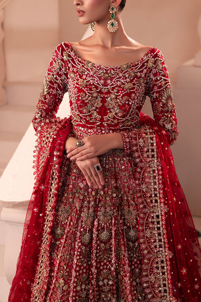 Crimson Red Embroidered Tissue Lehenga Gown (3-Piece) - Image 7