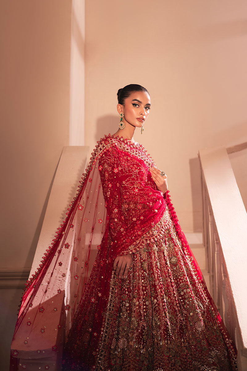 Crimson Red Embroidered Tissue Lehenga Gown (3-Piece) - Image 8