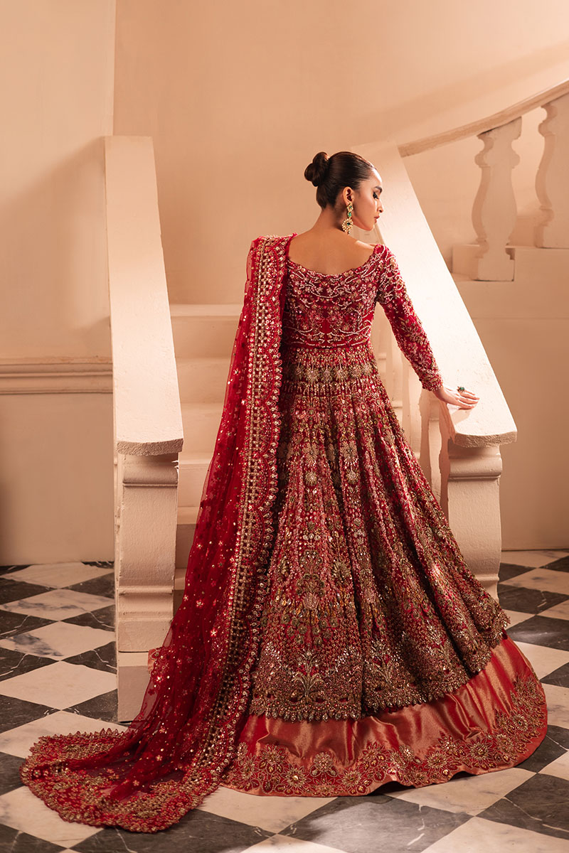 Crimson Red Embroidered Tissue Lehenga Gown (3-Piece) - Image 9
