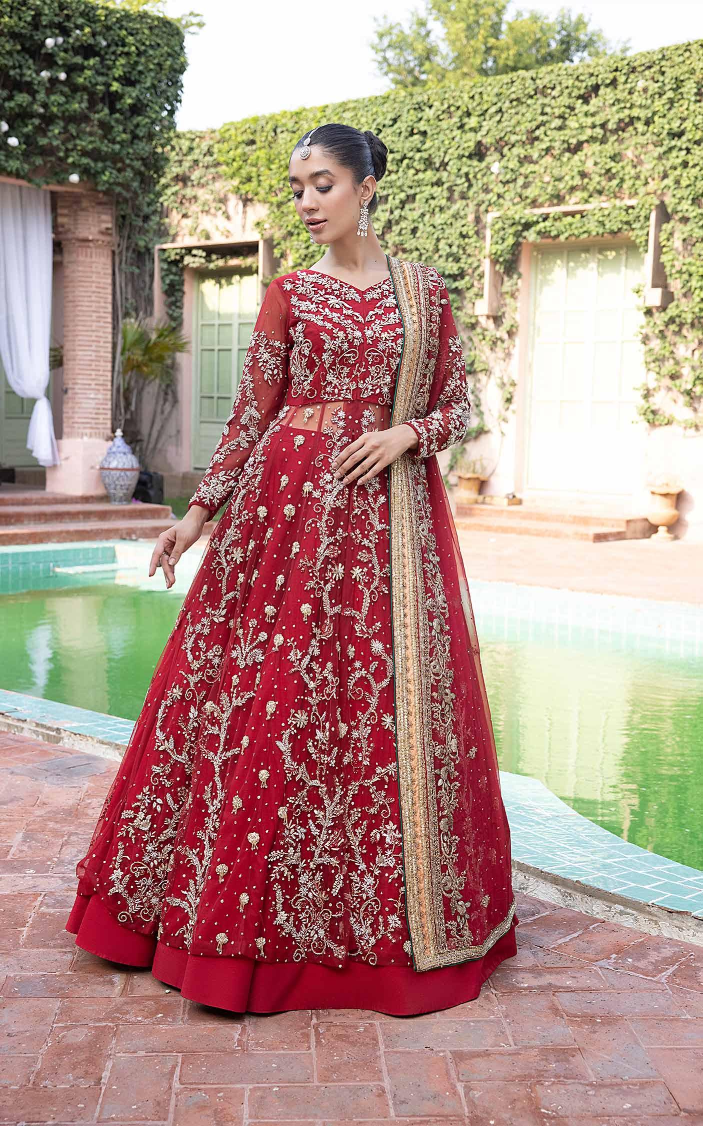 Deep Red Zari Sequin Tulle Bridal Lehenga (3-Piece) - Image 1