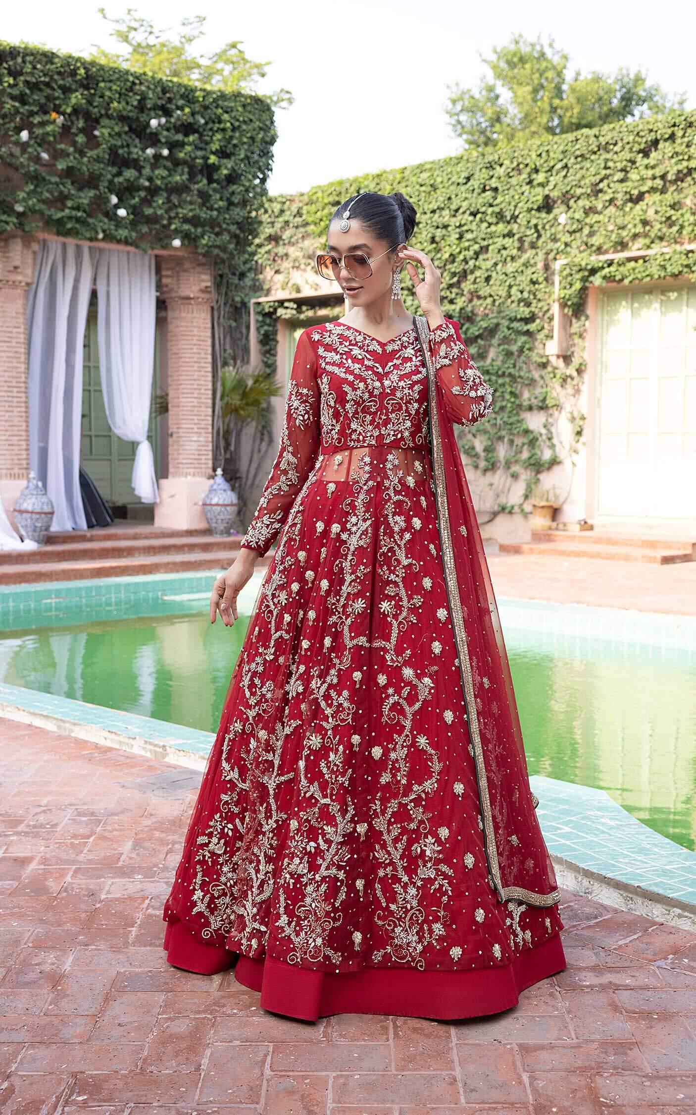 Deep Red Zari Sequin Tulle Bridal Lehenga (3-Piece) - Image 2