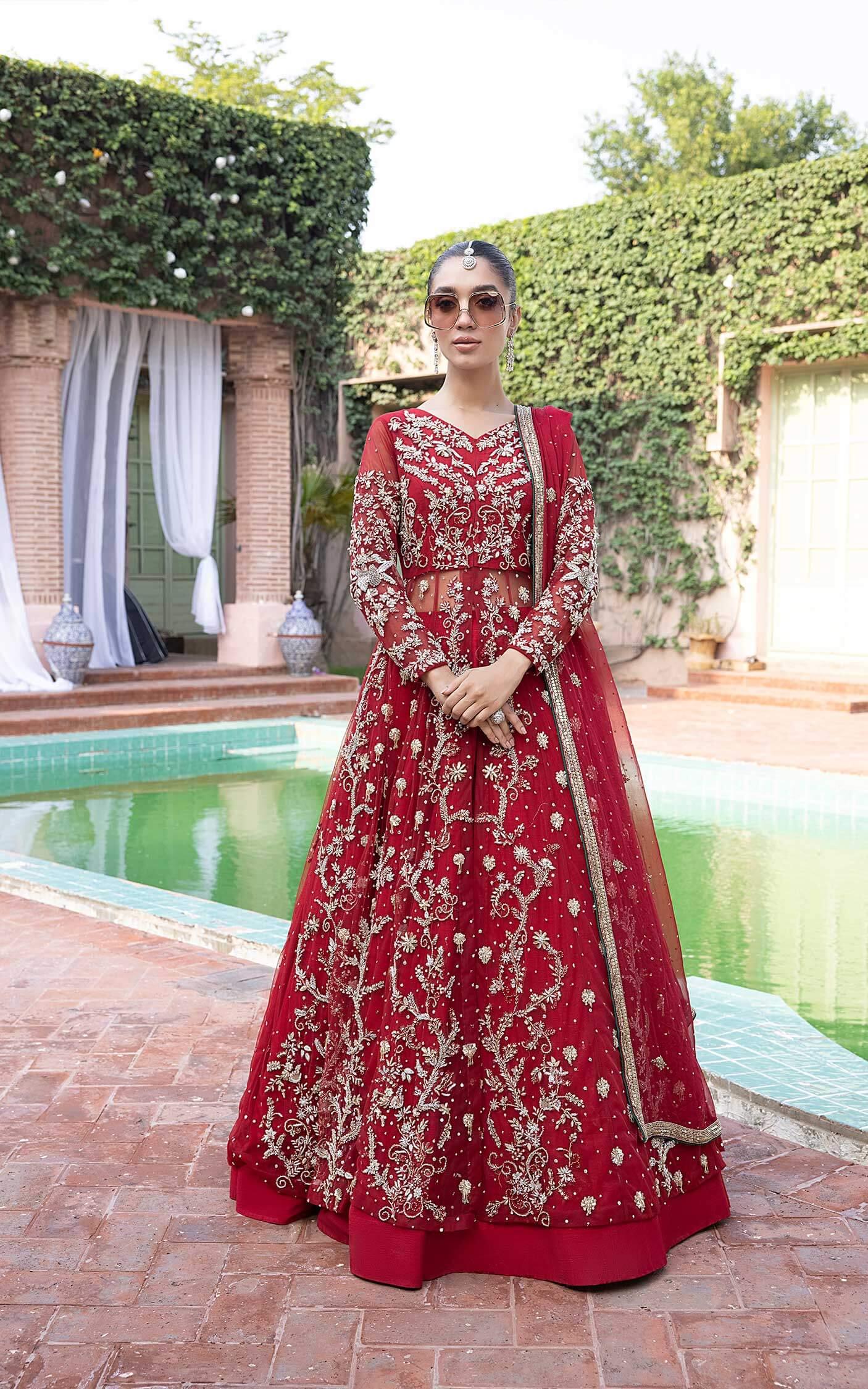 Deep Red Zari Sequin Tulle Bridal Lehenga (3-Piece) - Image 3