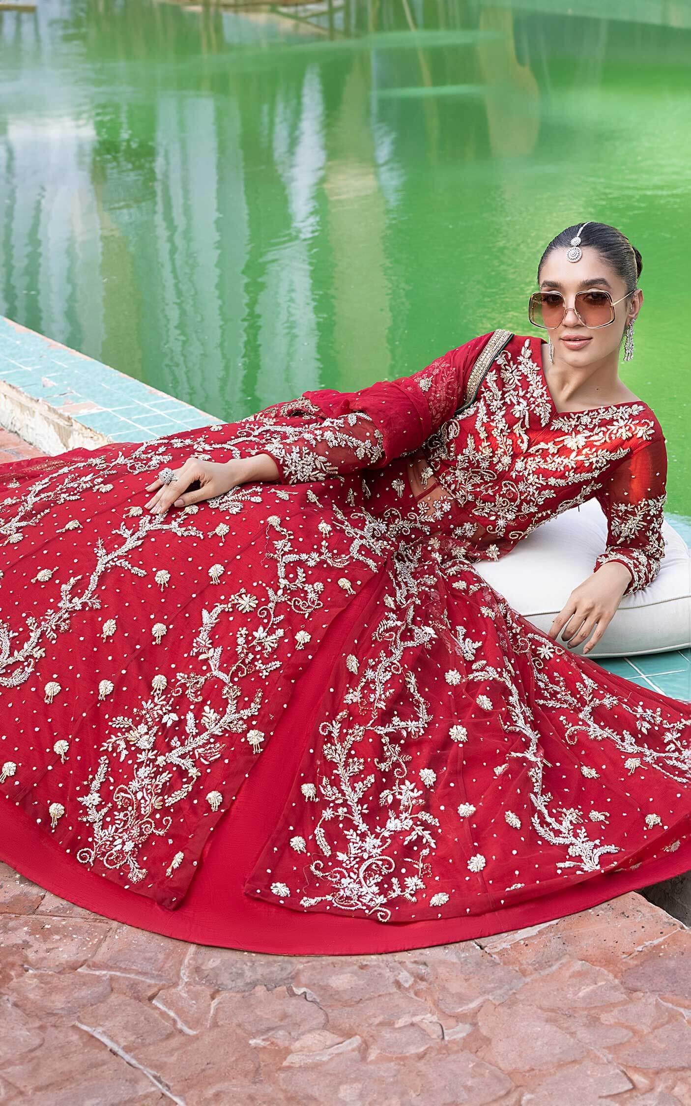 Deep Red Zari Sequin Tulle Bridal Lehenga (3-Piece) - Image 4