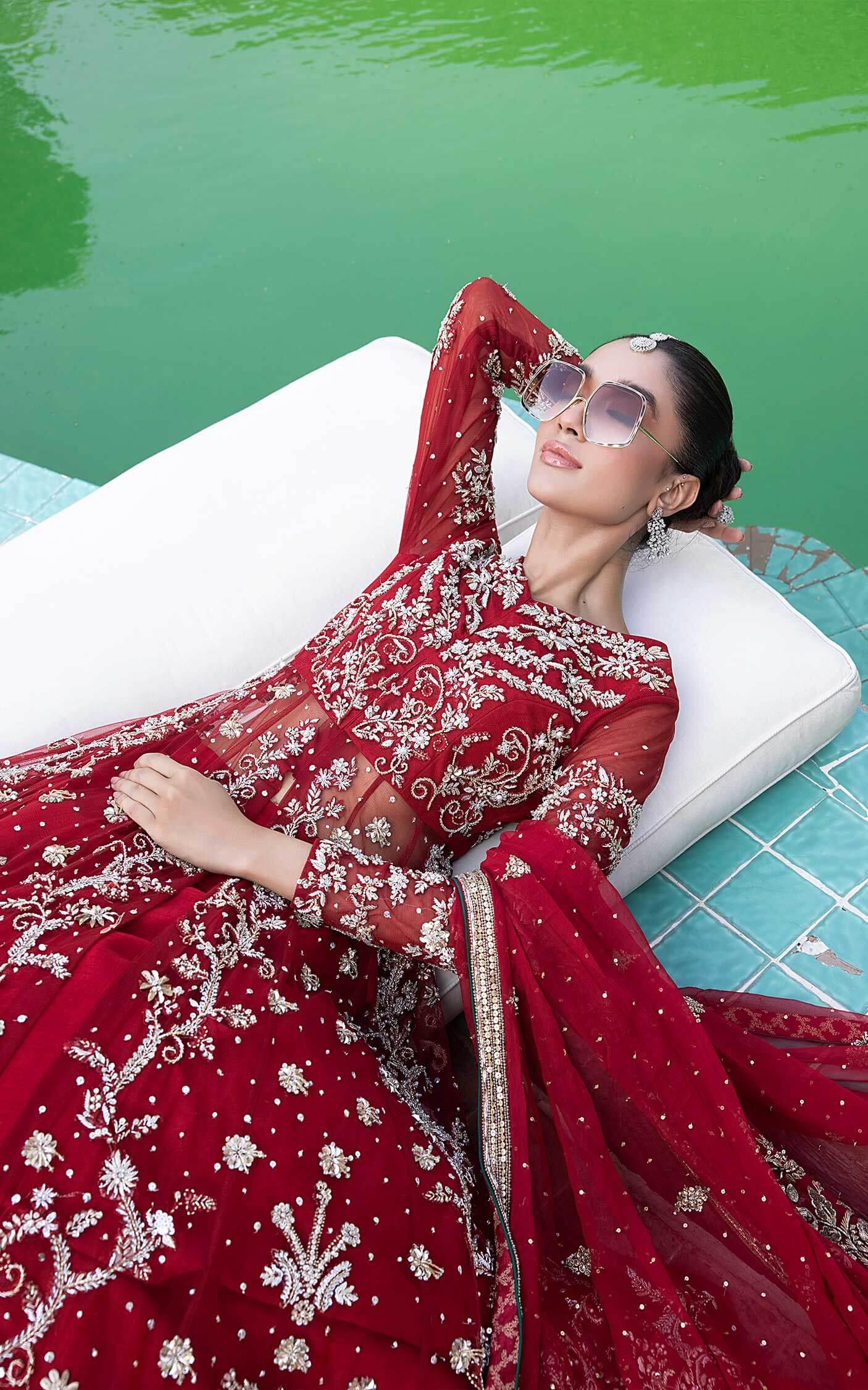 Deep Red Zari Sequin Tulle Bridal Lehenga (3-Piece) - Image 5