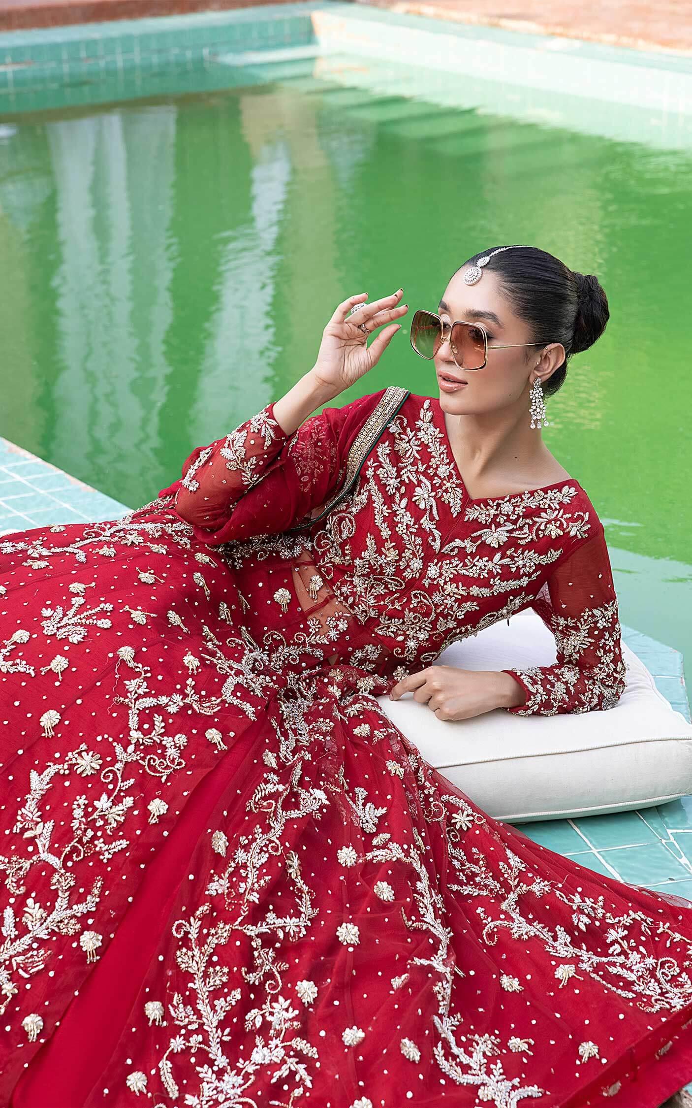 Deep Red Zari Sequin Tulle Bridal Lehenga (3-Piece) - Image 6