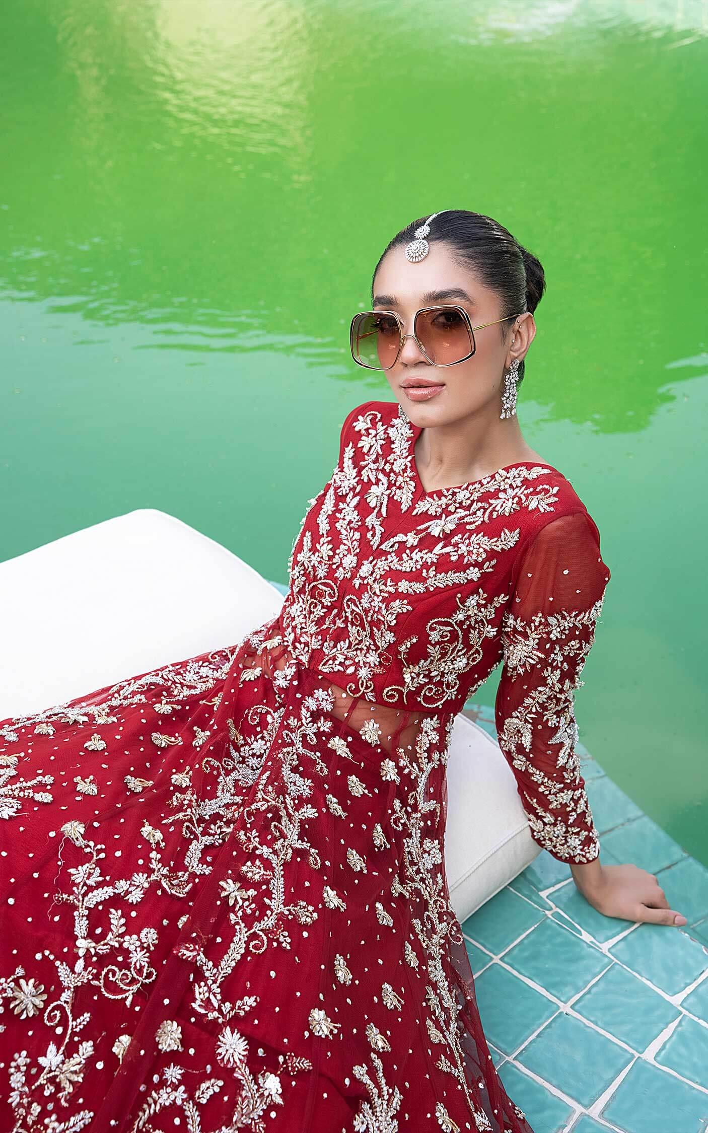 Deep Red Zari Sequin Tulle Bridal Lehenga (3-Piece) - Image 7